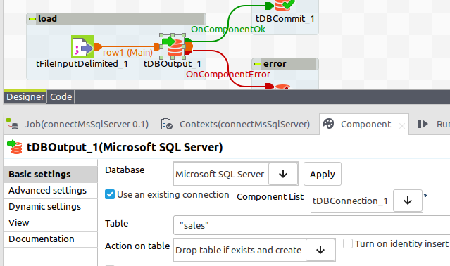 settings for the tDBOutput component in Talend Open Studio