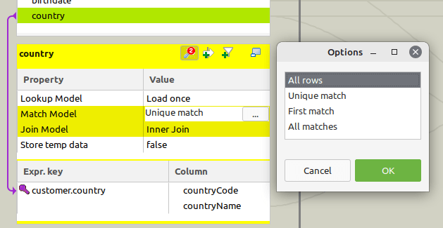 tMap options for the match model